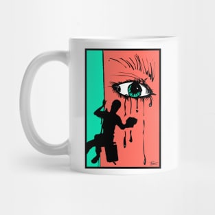 Abstract window cleaner wiping away tears. Mug